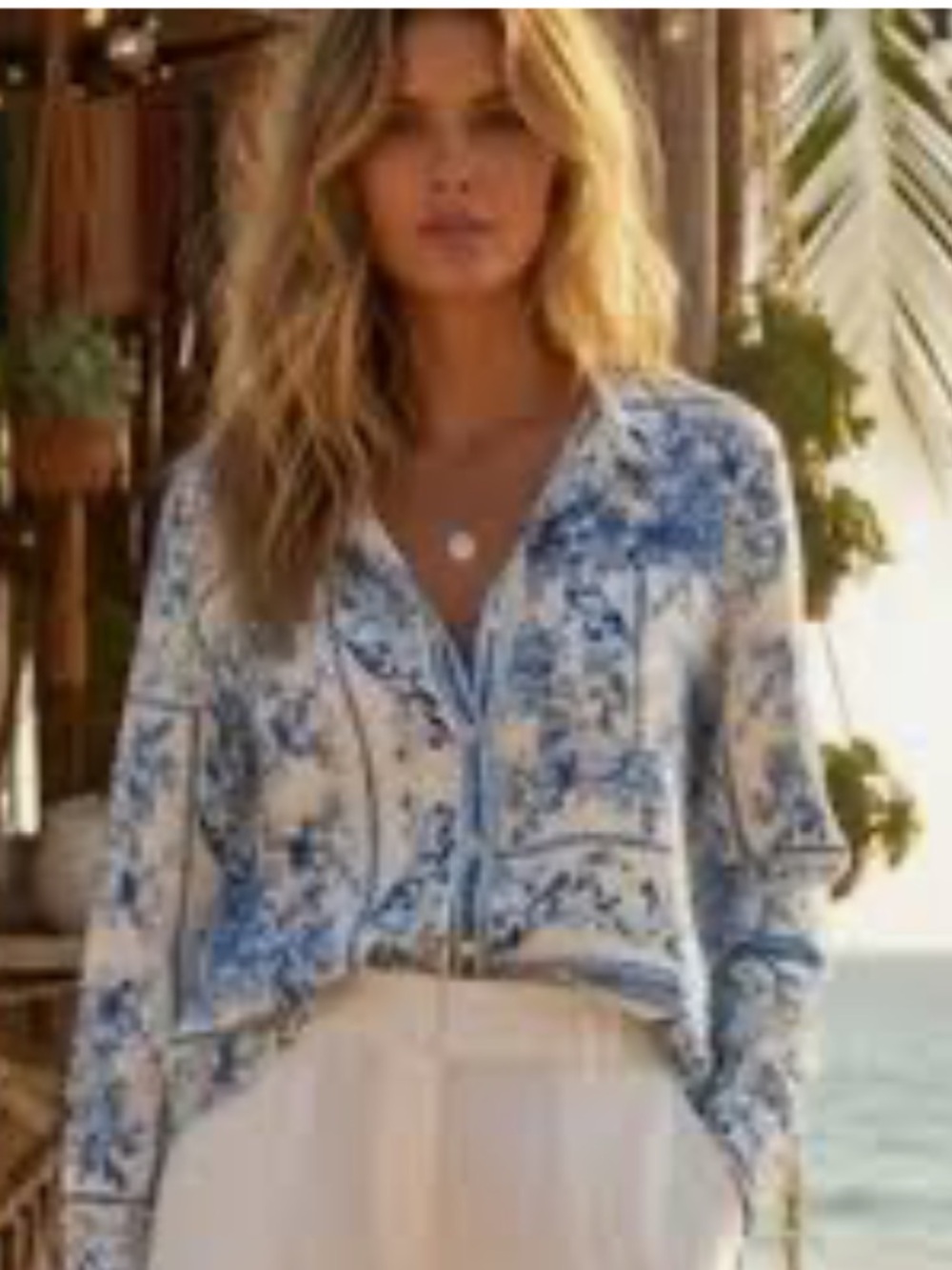Calypso St. Barth White and Blue Floral Button-Down Shirt, size S